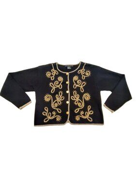 Vintage IB Diffusion Embroidered Beaded Knit Sweater Cardigan Gold/Black Size M
